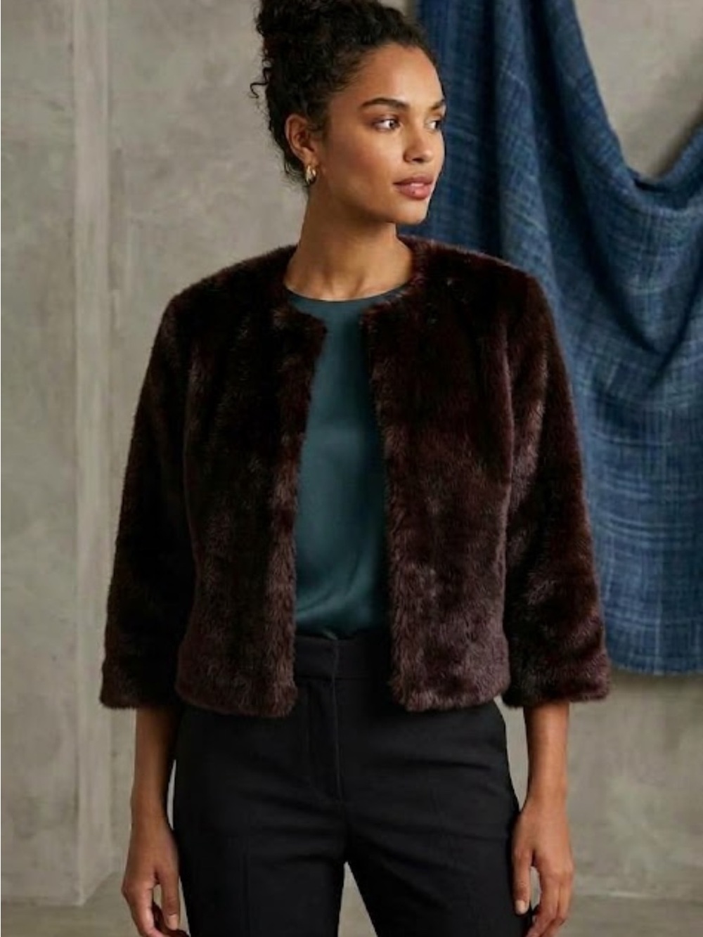Club Monaco Dark Brown Faux-Fur Cropped Jacket